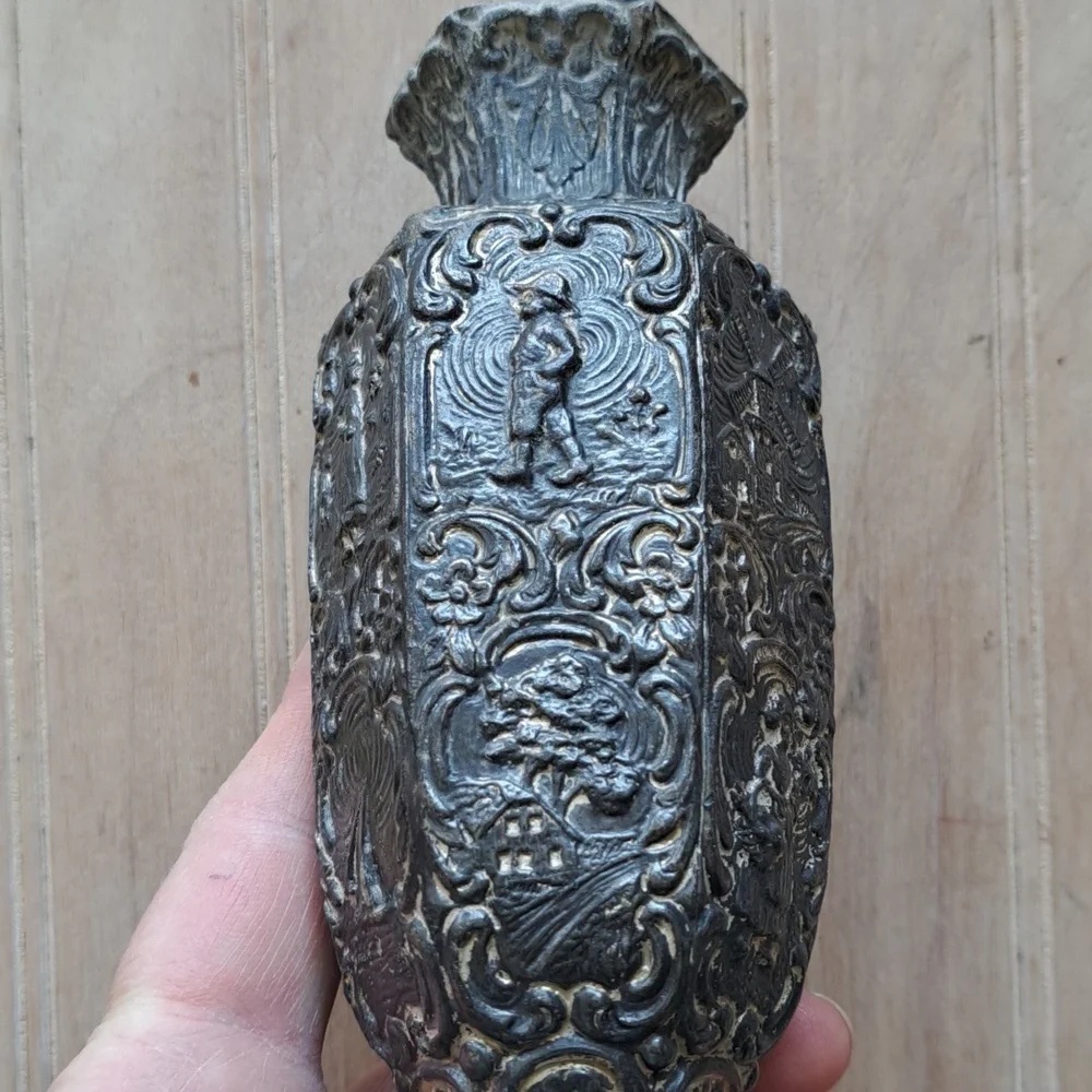 Vintage Old Dutch-Style Embossed Pewter Vase with Windmill & Figurine Motif